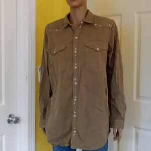 Lucky Brand olive green women's Large cotton snap long sleeve embroidered shirt
